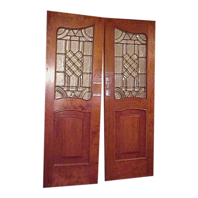 Neoclassical Pair of Mahogany Raised Panel Leaded Glass Doors-Pivot Hinge Swinging Both Ways For Sale