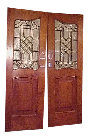 Neoclassical Pair of Mahogany Raised Panel Leaded Glass Doors-Pivot Hinge Swinging Both Ways