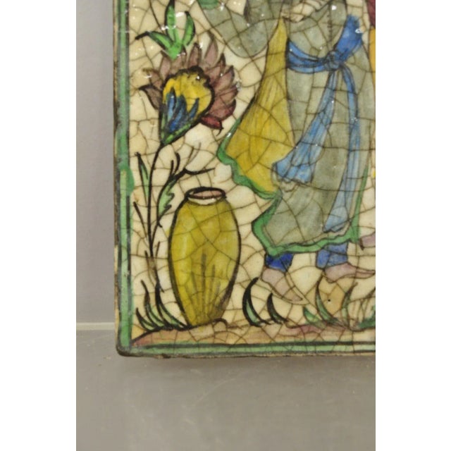 Early 20th Century Antique Persian Iznik Qajar Style Ceramic Pottery Tile Green Man Lady Embrace C2 For Sale - Image 5 of 10