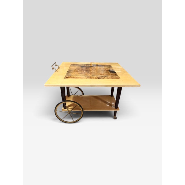 Cream Vintage Aldo Tura Milano Italian Lacquered Goatskin Parchment Drop-Leaf Bar Cart, 1960s For Sale - Image 8 of 12
