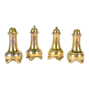 Set of 4 Crested Tiffany & Co Gilt Sterling Silver Salt & Pepper Shakers