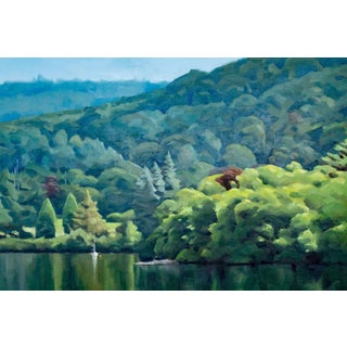 Emerald Anchor by Judd Mercer | Oil on canvas Landscape with trees and a small boat on water For Sale