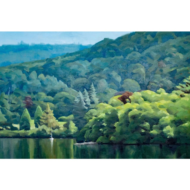 Emerald Anchor by Judd Mercer | Oil on canvas Landscape with trees and a small boat on water For Sale