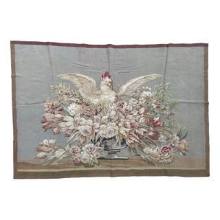 Antique French Tapestry with Rooster and Flowers from Aubusson, 1900 For Sale