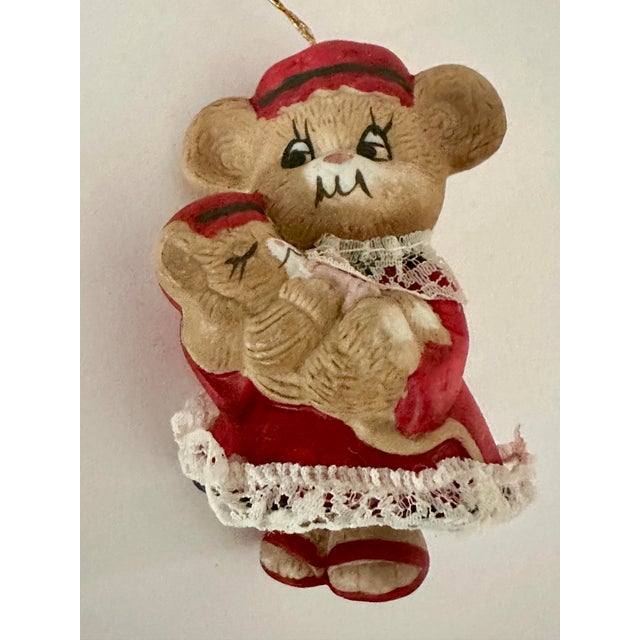 Brown Vintage Mid 20th Century Hand Painted Bisque Porcelain Mother Mouse With Baby Bell Tree Ornament For Sale - Image 8 of 9