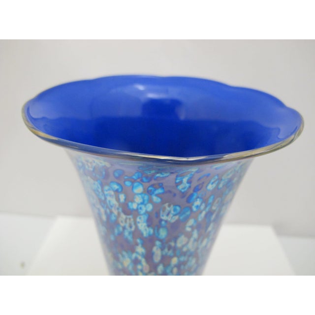Donald Carlson Iridescent Blue Splatter Studio Art Glass Trumpet Vase For Sale In Portland, OR - Image 6 of 11