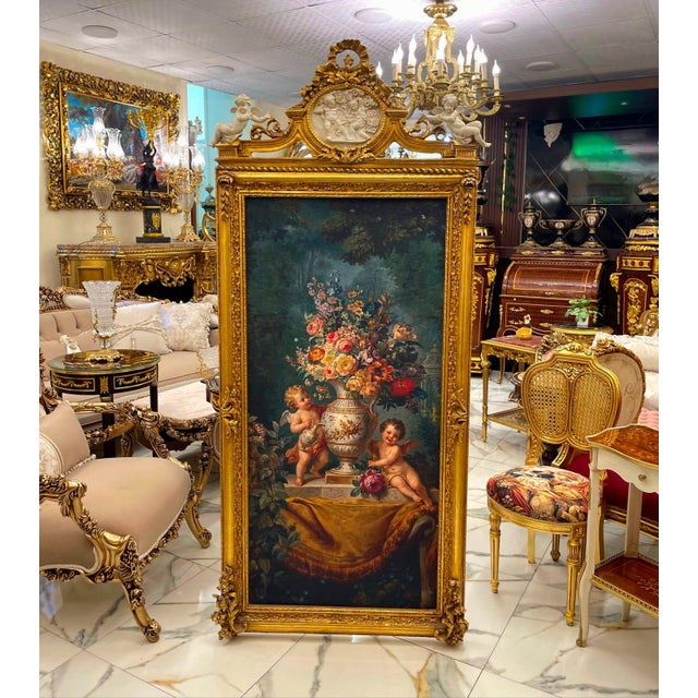 Make a dramatic statement with this grand French Rococo decorative panel, featuring an exquisite floral garden scene with...