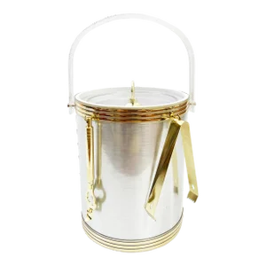 Mid-Century Modern Brushed Silver, Gold, & Lucite Ice Bucket W/ Hanging Ice Tongs and Bottle Opener