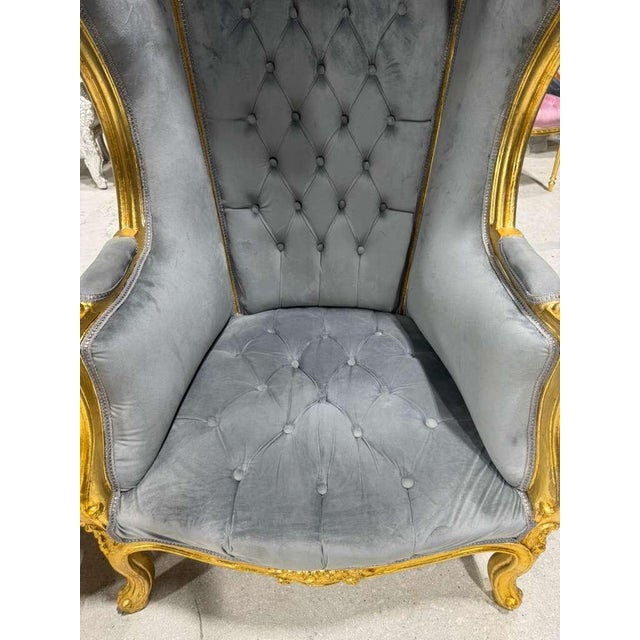 French Balloon Chair – Gray Velvet High-Back Canopy Chair For Sale - Image 4 of 10