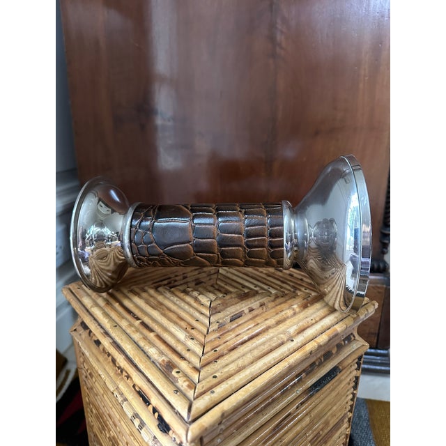 Vintage 8” Leather and Silverplate Ralph Lauren Style Candleholder For Sale - Image 14 of 18