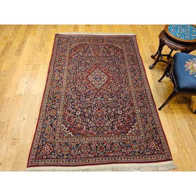 Vintage Persian Kashan Area Rug, Hand-Knotted Wool, Floral Pattern, Navy & Red, 5x7 For Sale - Image 4 of 16
