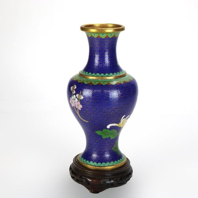 Antique Chinese Cloisonne Enameled Floral Vase With Peony & Wood Base C1930 For Sale - Image 4 of 8