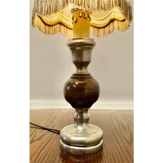 1930s Pewter and Turned Wooden Table Lamp with Hand Painted Shade, 1930s For Sale - Image 5 of 7