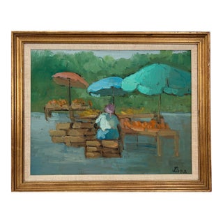 Vintage Outdoor Market Scene Original Oil Painting in Giltwood Frame For Sale