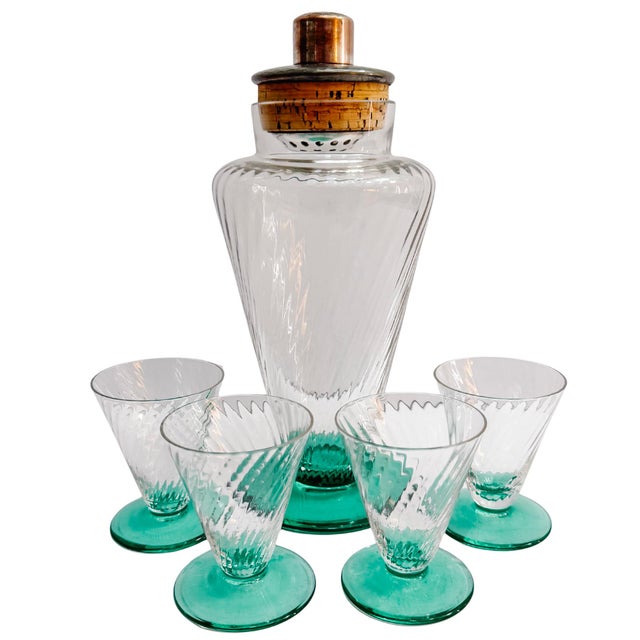Mid 20th Century Art Deco Glass Cocktail / Martini Shaker Set With Teal Base For Sale - Image 9 of 9