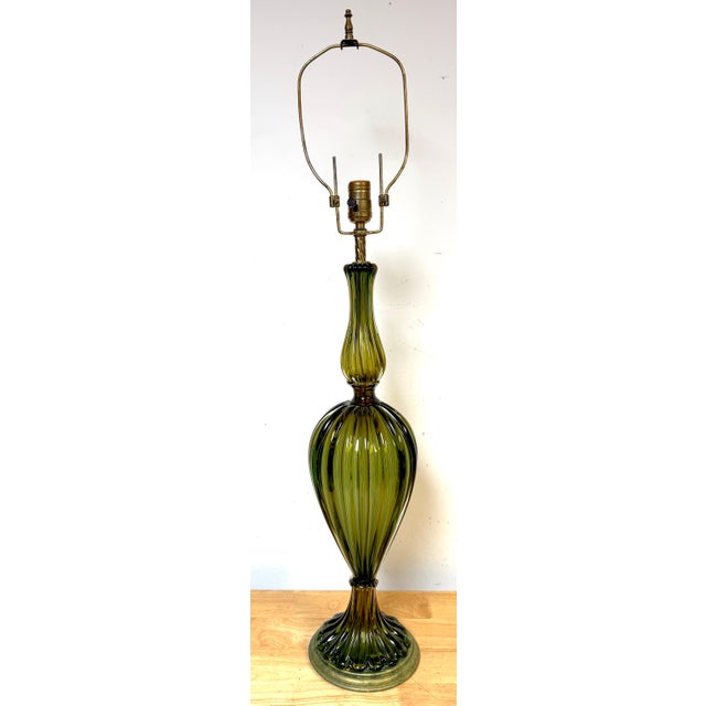 Pair of Barovier & Toso Ribbed Olive Verde Murano Glass Lamps, Circa 1955-1965 For Sale - Image 16 of 18