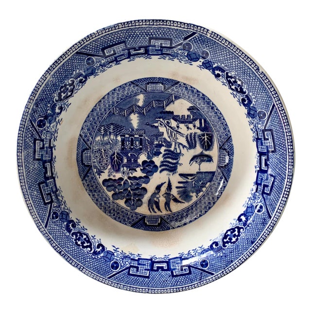 19th Century Antique English Staffordshire Blue and White Serving Bowl For Sale