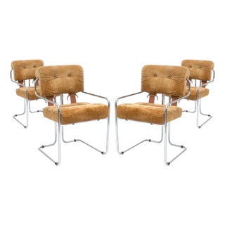 Guido Faleschini for I4 Mariani Set of 4 Vintage Tan Suede Fabric Tucroma Chairs For Sale