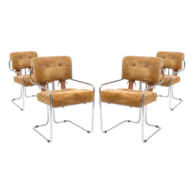 Guido Faleschini for I4 Mariani Set of 4 Vintage Tan Suede Fabric Tucroma Chairs For Sale