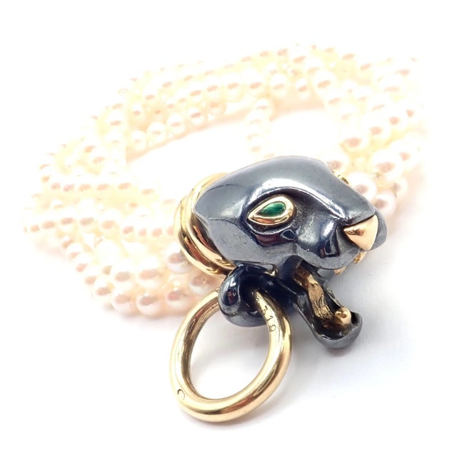 Cartier 1990s Panthere De Cartier Panther Yellow Gold & Silverium Pearl Emerald Bracelet For Sale - Image 4 of 14