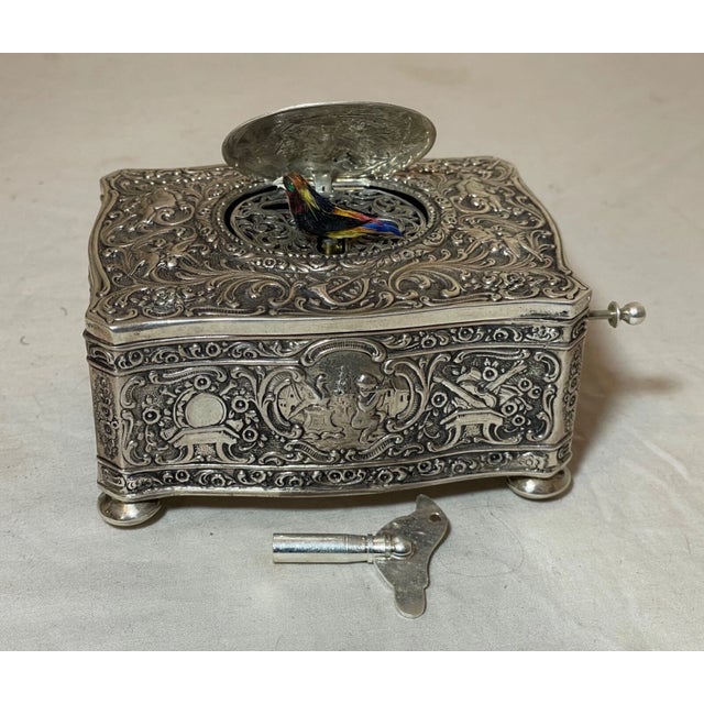 Victorian Rare Antique Ornate Sterling Silver German Singing Bird Mechanical Music Box For Sale - Image 3 of 18