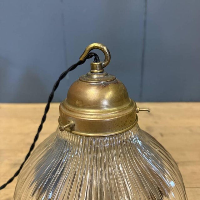 Asteroid Pressed Glass Holophane Pendant Lamp with Brass Fixture, 1920s For Sale - Image 17 of 18