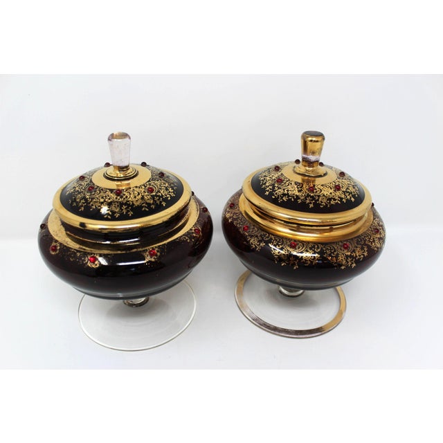 Price reduced $200. Now only $199! Very unusual and beautiful pair of vintage lidded compotes with jeweled and lacquered...