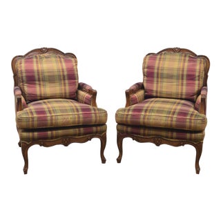 Pair Baker Crown & Tulip Collection Upholstered Club Arm Chairs For Sale