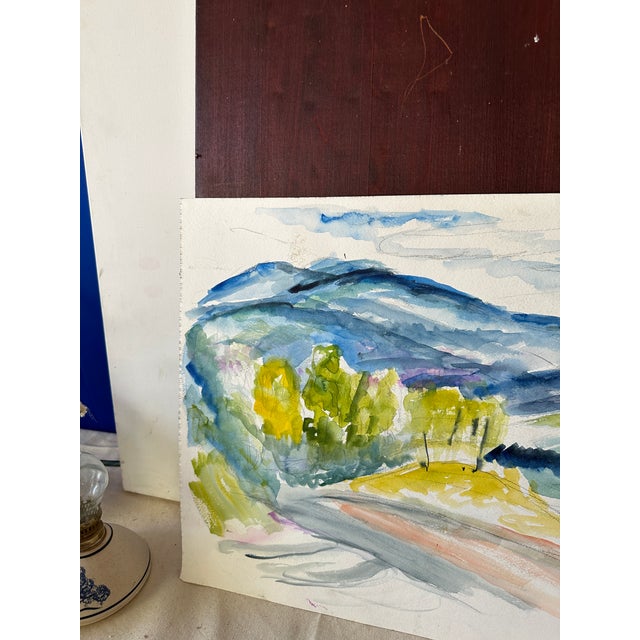 Mid-Century Modern Vintage Landscape Watercolor Painting of Trees and Mountains For Sale - Image 3 of 10