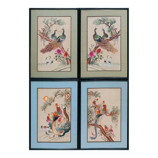 Wonderful Ivory Color With Floral Design Antique Set of Silk Embroidery of Peacock & Phoenix For Sale