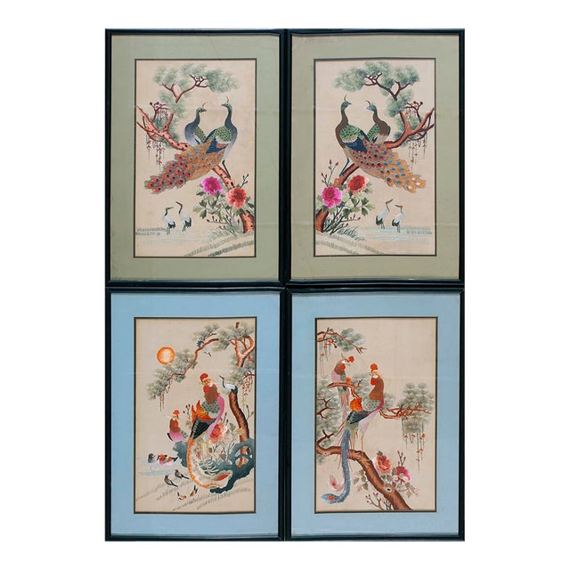 Wonderful Ivory Color With Floral Design Antique Set of Silk Embroidery of Peacock & Phoenix For Sale