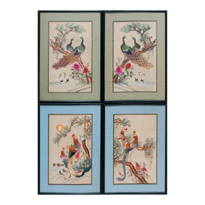 Wonderful Ivory Color With Floral Design Antique Set of Silk Embroidery of Peacock & Phoenix
