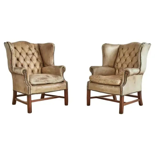 Pair of English Georgian Cigar Leather Wingback Library Chairs For Sale - Image 13 of 13