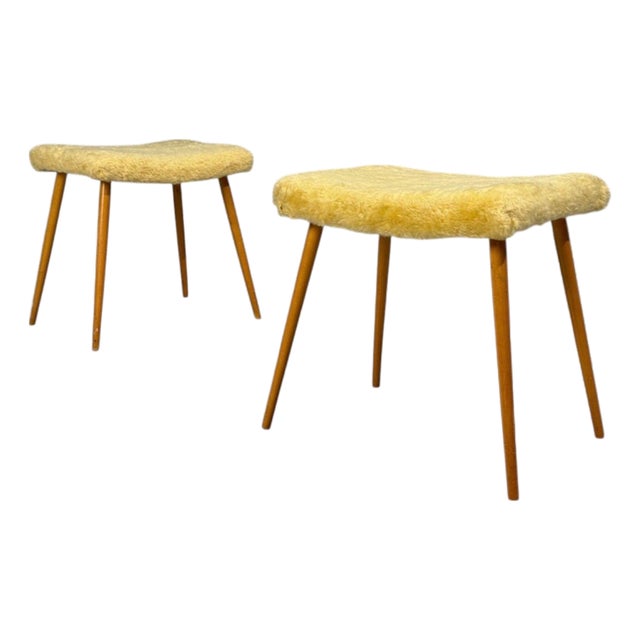 Swedish Modern, Footstools, Imitation Fur, Wood, Sweden, 1950's For Sale