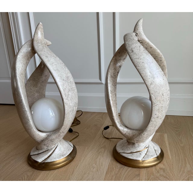 Art Deco 1980s Postmodern "Flame" Sculptural Lamps - Faux Stone & Gilt - a Pair For Sale - Image 3 of 11