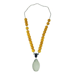 Vintage Designer Silver Pendant Amber and Brazilian Amethyst Necklace For Sale
