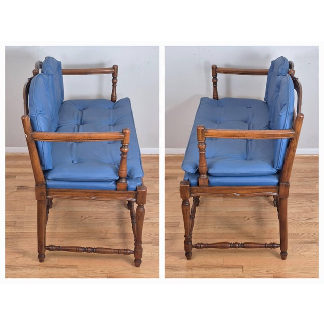 Mid 20th Century French Country Petite Walnut Ladder Back Settee Bench W/ Blue Faux Leather Cushions For Sale In Washington DC - Image 6 of 14
