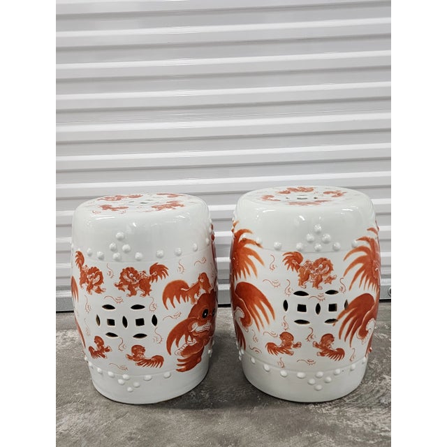 Vintage Foo Dogs Motif Iron Red & White Ceramic Garden Stools-A Pair For Sale - Image 4 of 11