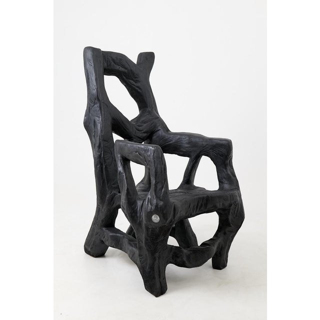 Brutalist Sculptural Armchair in Burnt Oak Wood by Logniture For Sale - Image 11 of 17