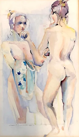 Vintage 2 Figured Female Nude Original Watercolor Signed