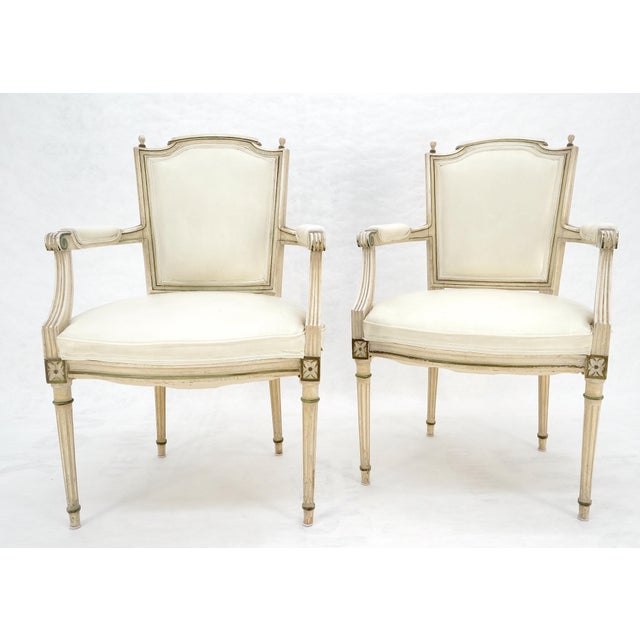 Wood Pair of Directoire French Open Arms Painted Frames Arm Chairs For Sale - Image 7 of 13