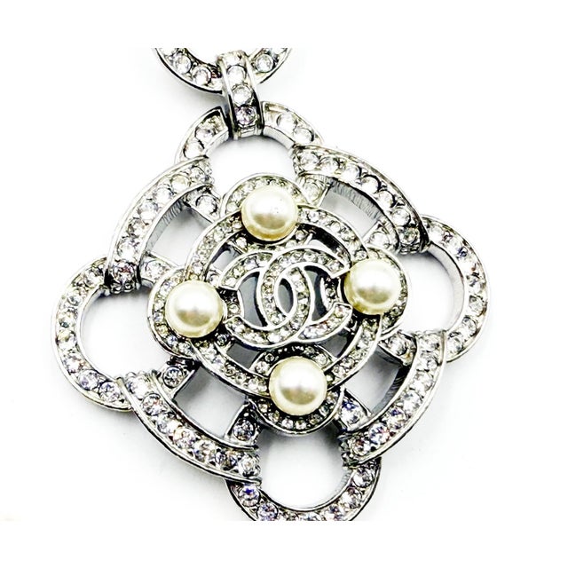 2010s Chanel Silver Argyle Crystal Pendant 2 Strand Pearl Necklace For Sale - Image 5 of 6