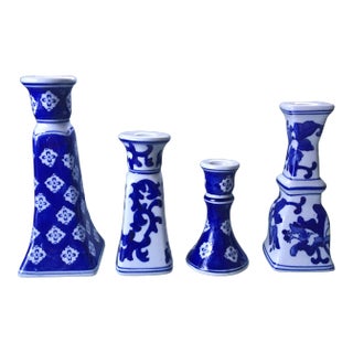 Vintage Blue & White Patterned Candlesticks- Set of 4 For Sale