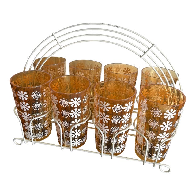 Mid-Century Jeannette Glass Marigold Floral Tumblers With Metal Carry Tray - Set of 8 For Sale
