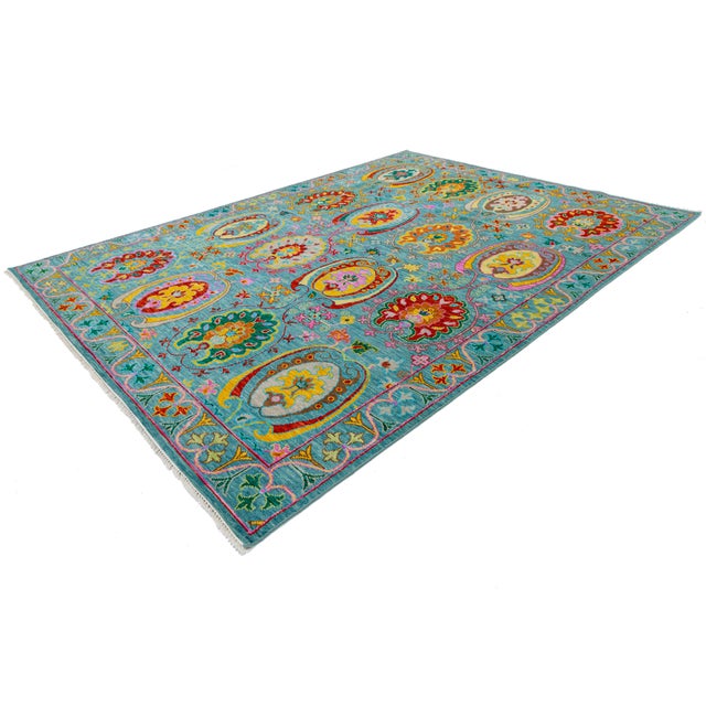Contemporary Vibrant Oushak-Style Hand-Knotted Turquoise & Jewel-Tone Wool Rug For Sale - Image 9 of 12