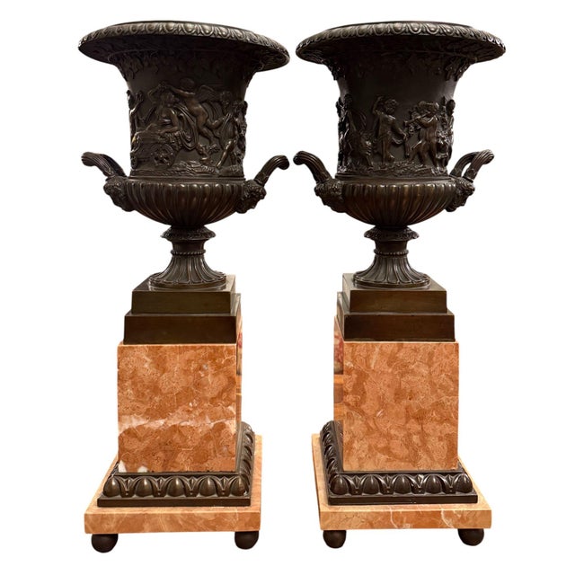 Pair of 19th Century French Bronze Urns on Marble Pedestals. For Sale In Los Angeles - Image 6 of 10