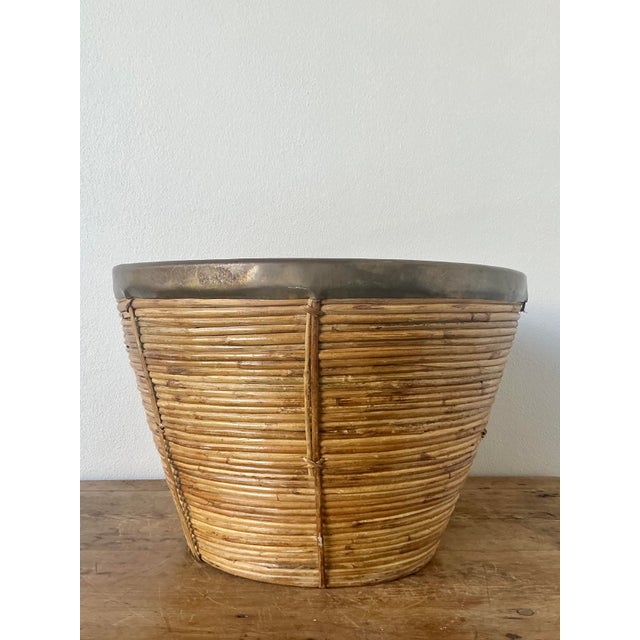 Vintage Boho Monumental Brass Rimmed Pencil Reed Bowl For Sale In West Palm - Image 6 of 12