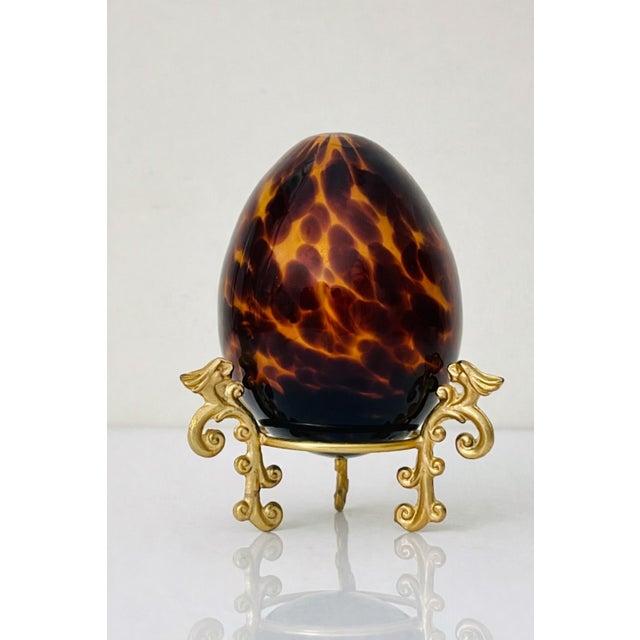 Vintage Decorative Amber Tortoiseshell Glass Egg on Gilt Metal Stand For Sale - Image 4 of 10