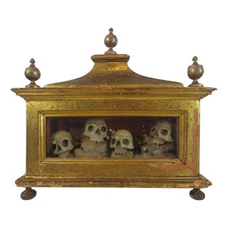 Baroque Memento Mori Reliquary Display in Gilt Shrine, 1800s, Glass & Wood For Sale