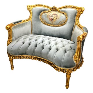Romantic French Louis XV Blue Velvet Loveseat Sofa With Hand-Carved Gold Leaf Frame For Sale